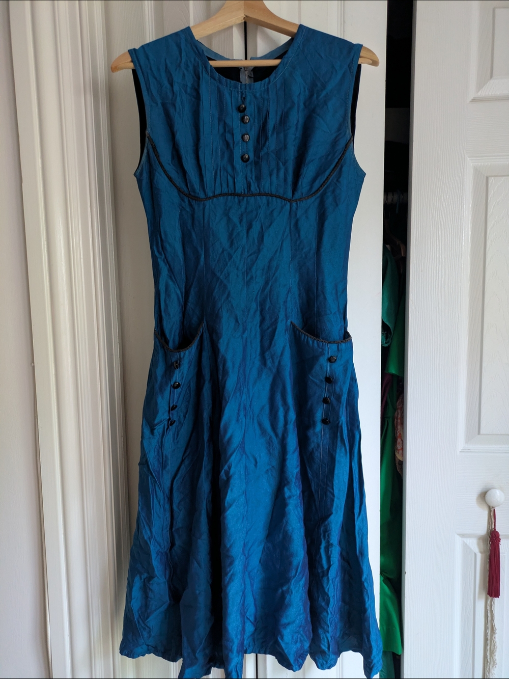 Vintage Rare Sleeveless Teal A-Line Dress with Button Detail